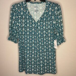 Croft & Barrow Teal Floral Print Tunic Button V-Neck 3/4 Sleeve Womens Small NWT
